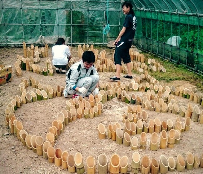 竹あかりの準備をする佐渡島の学生ボランティア