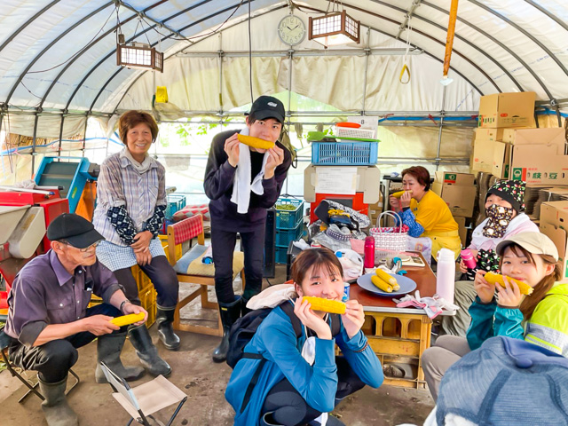 村おこしボランティア【秋田太田町コース】で農業ボランティアをしてとうもろこしを食べている参加者の写真